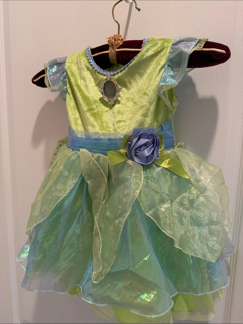 Disney tinker Bell Green Fairy Princess Costume Dress with Blue Flower built in